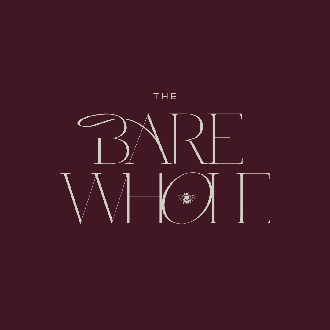 The Bare Whole logo — cream serif wordmark with a bee inside the letter O, on a deep bordeaux background.